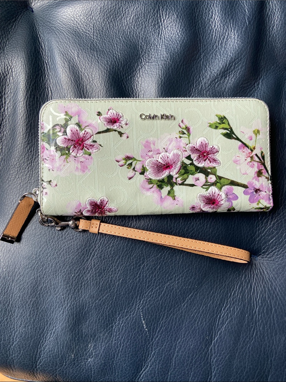 Calvin Klein Mint Floral Zip-Around Wristlet Wallet with Tan Strap
